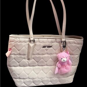 Betsy Johnson Quilted Heart Patterned Cream Tote Bag Pink Removable Teddy Charm